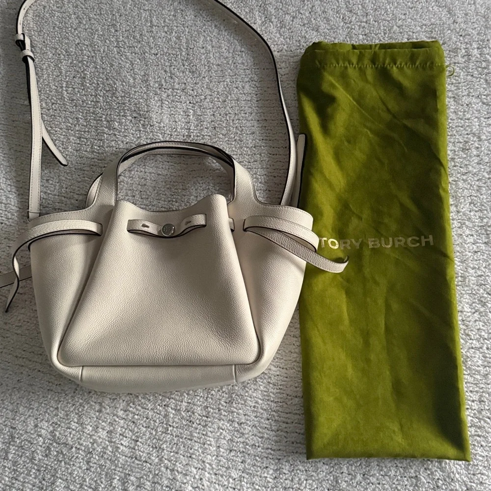 TORY BURCH Small Romy Tote Light Cream Leather Bag Handbag Silver Accents - Picture 13 of 16